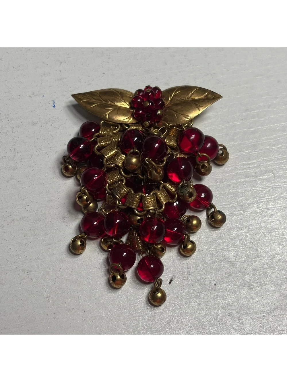 Early Verified Miriam Haskell Red Glass & Brass Bead Large Brooch